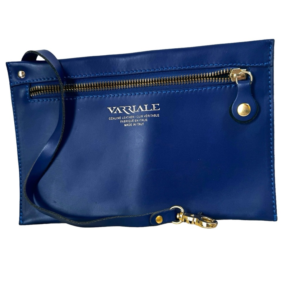 Varriale Italy NEW Leather Clutch Bag Pouch Zipper Logo Wristlet Clip Blue Gold